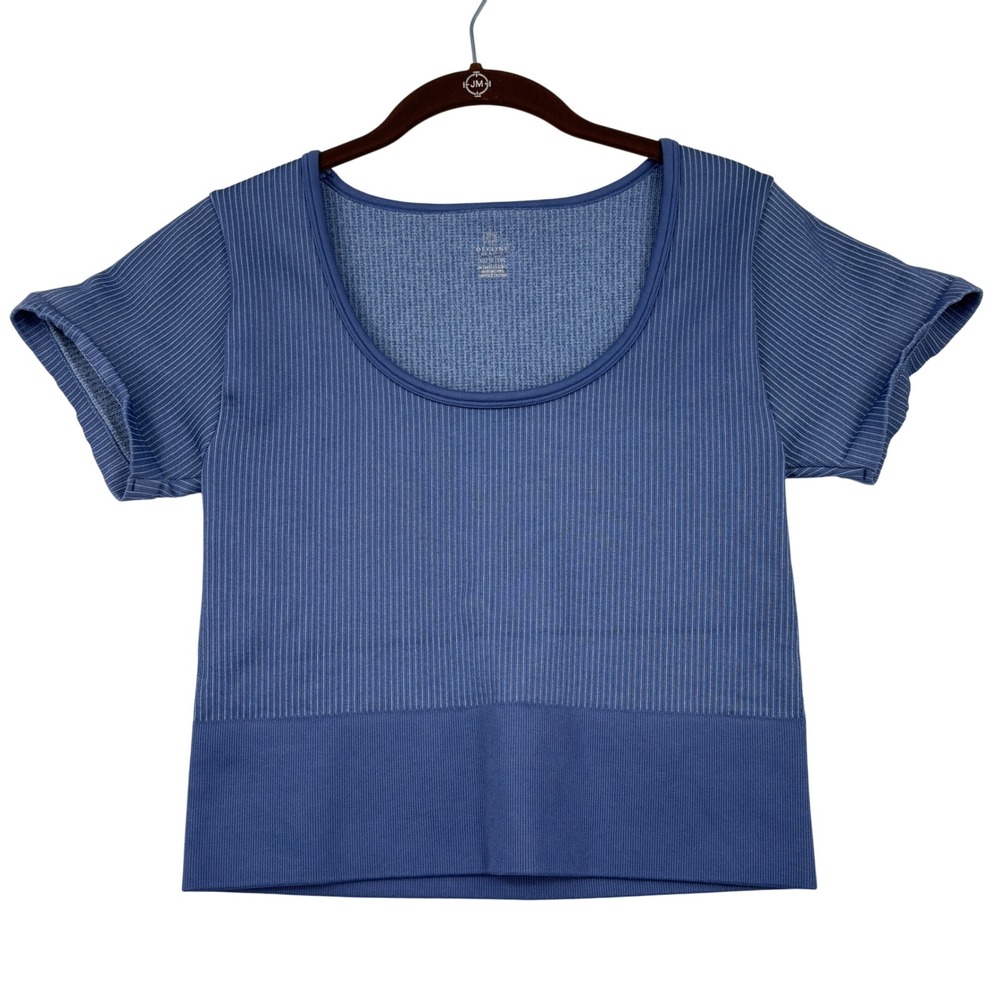 OFFLINE by Aerie Crop Top Seamless Rib Short Sleeve Women XL Blue Scoop Neck